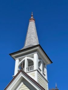 A photo of the church steeple.
